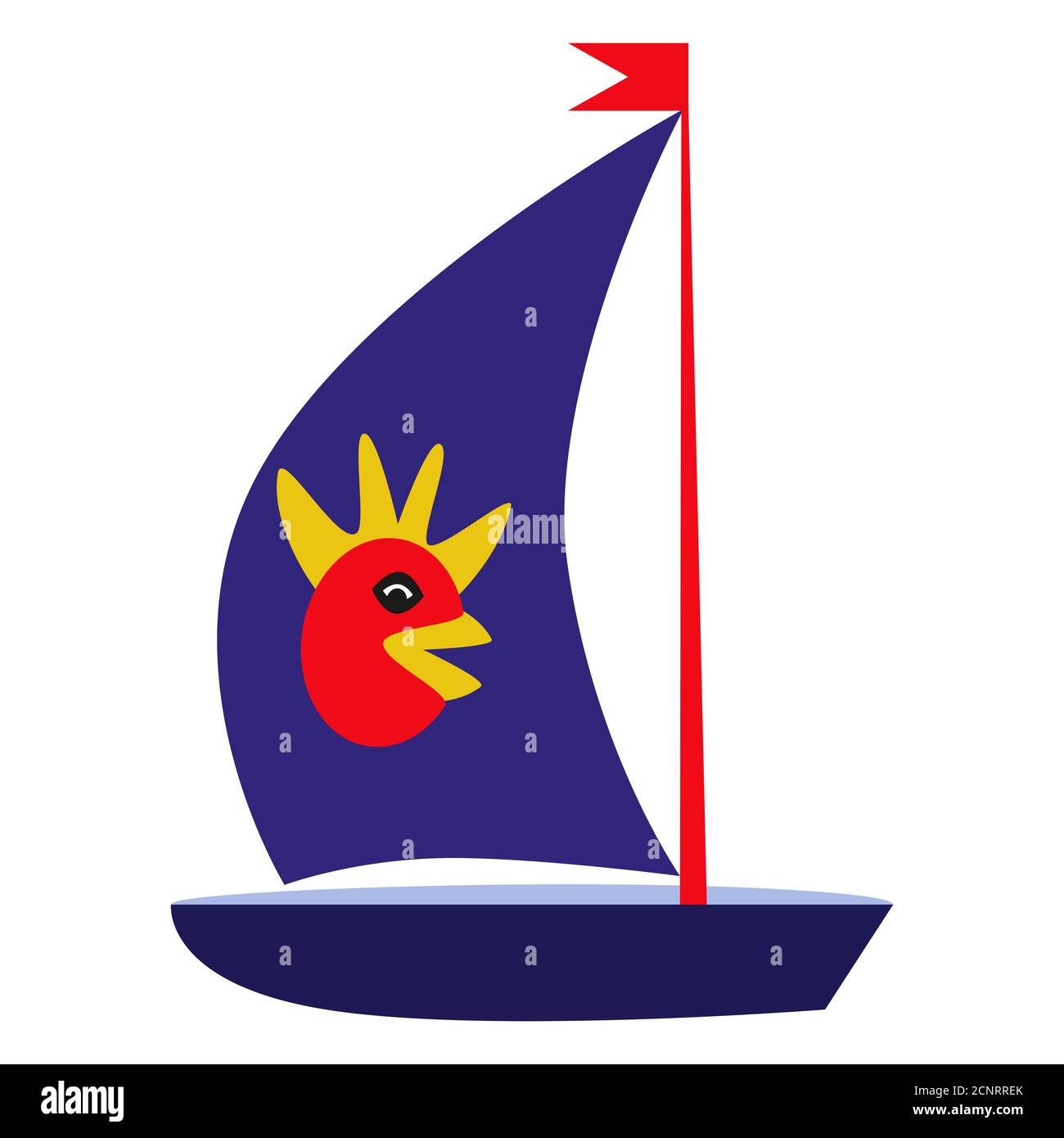 Farbiges Boot mit Huhn auf einem Segel auf weißem Hintergrund. Vektorgrafik Cartoon-Illustration. Muster für Interieur, Mode. Illustration für Kinder Bo Stock Vektor