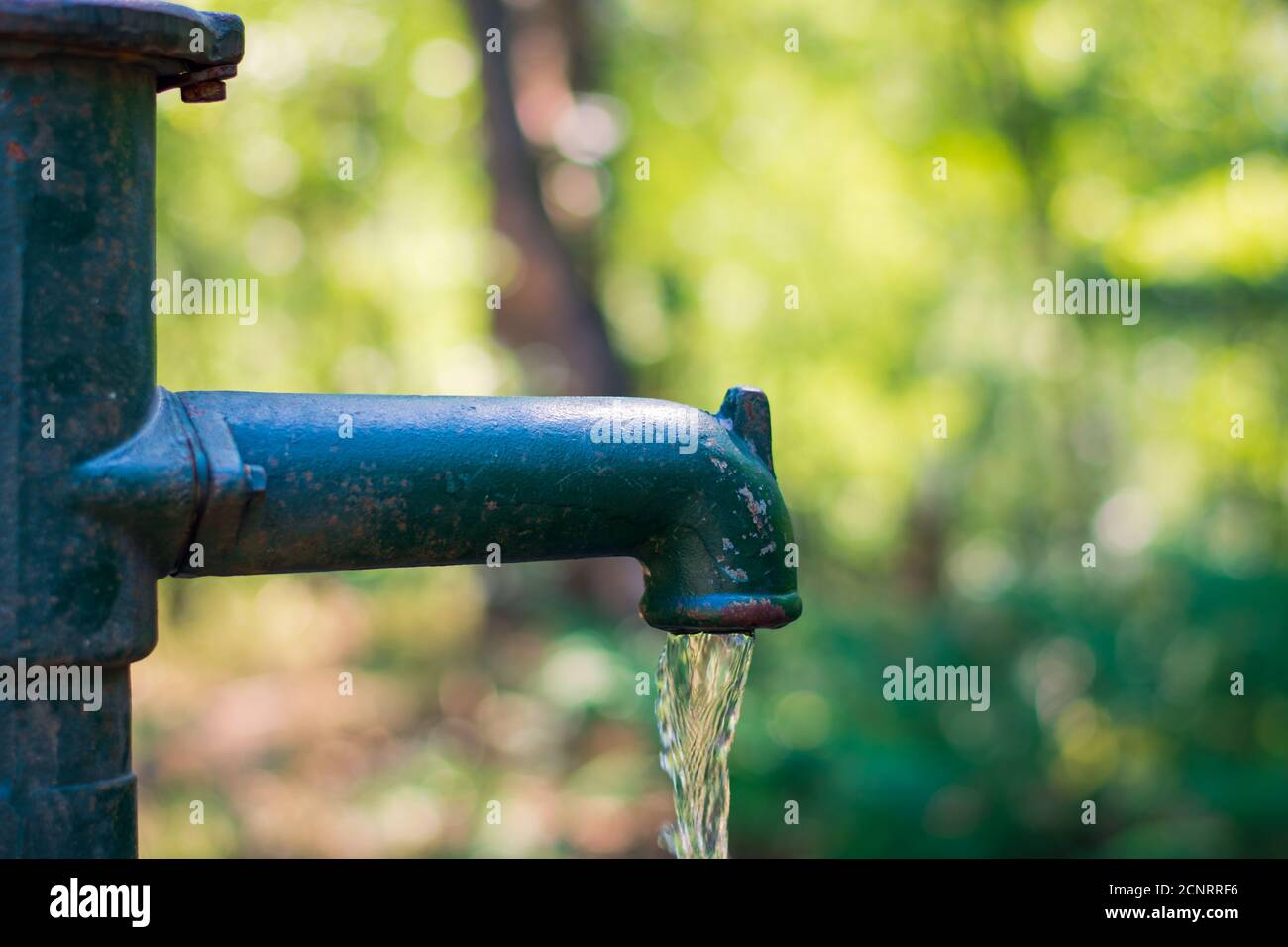Manuelle alte grüne und rostige Wasserhebelpumpe mit Wasser Gießen aus dem Ausguss mit einem verschwommenen grünen Hintergrund Stockfoto