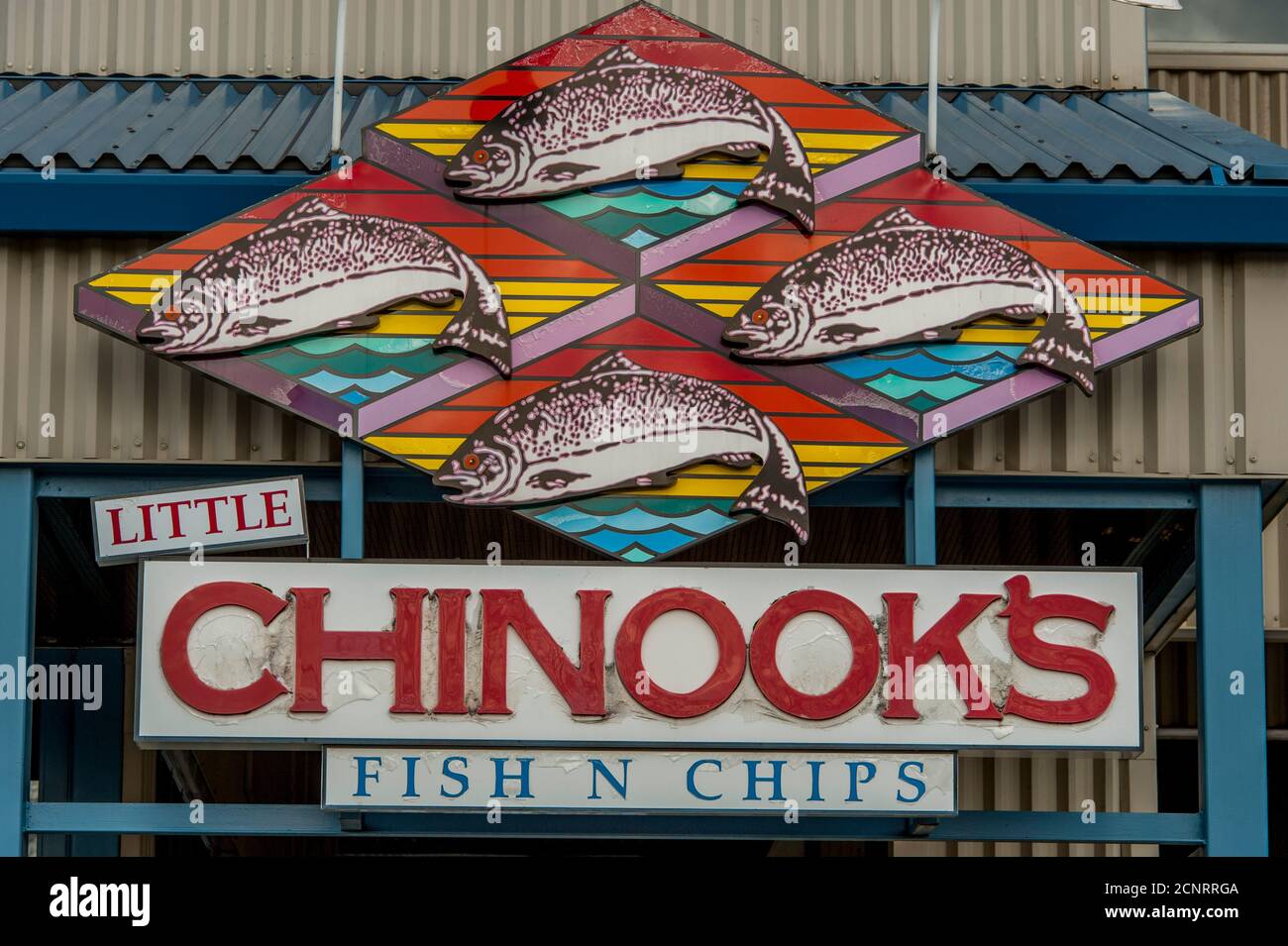Chinook Restaurant Schilder am Fishermens Terminal in Seattle, Washington State, USA. Stockfoto