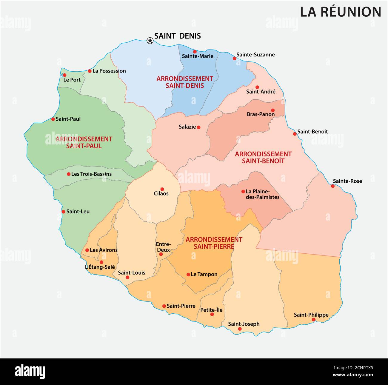 Vektorkarte der Gemeinden der Réunion, Frankreich Stock Vektor