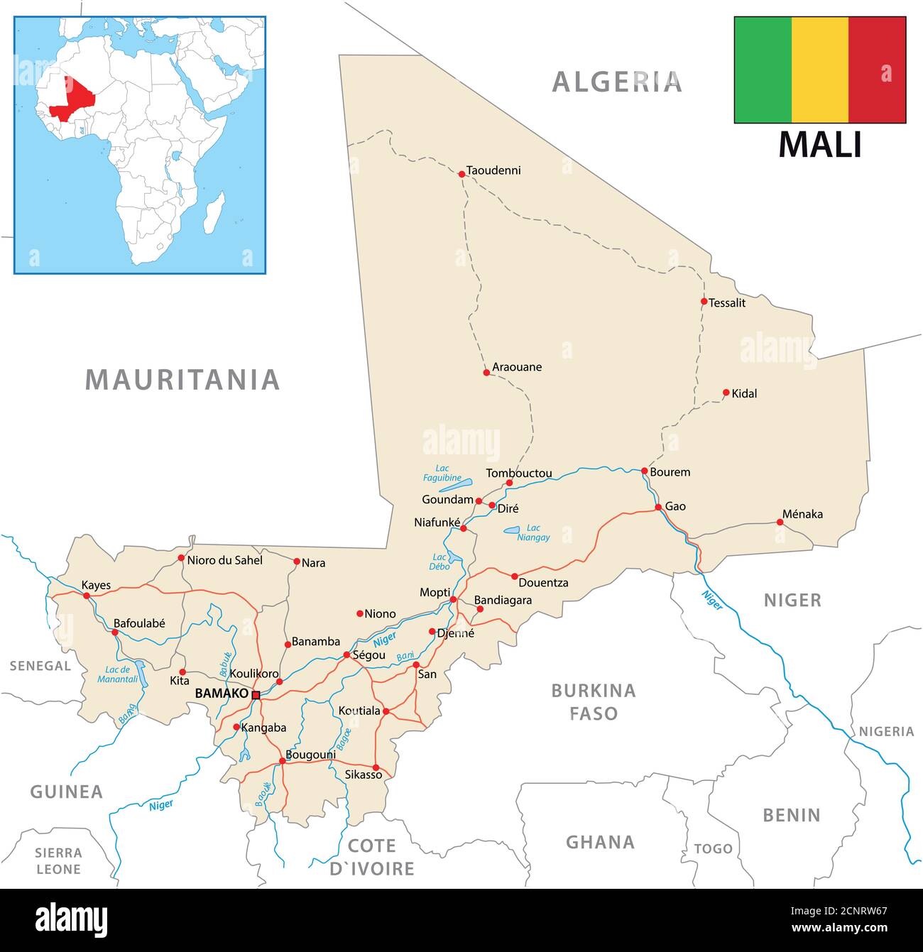 vektor-Straßenkarte der Republik Mali mit Flagge Stock Vektor