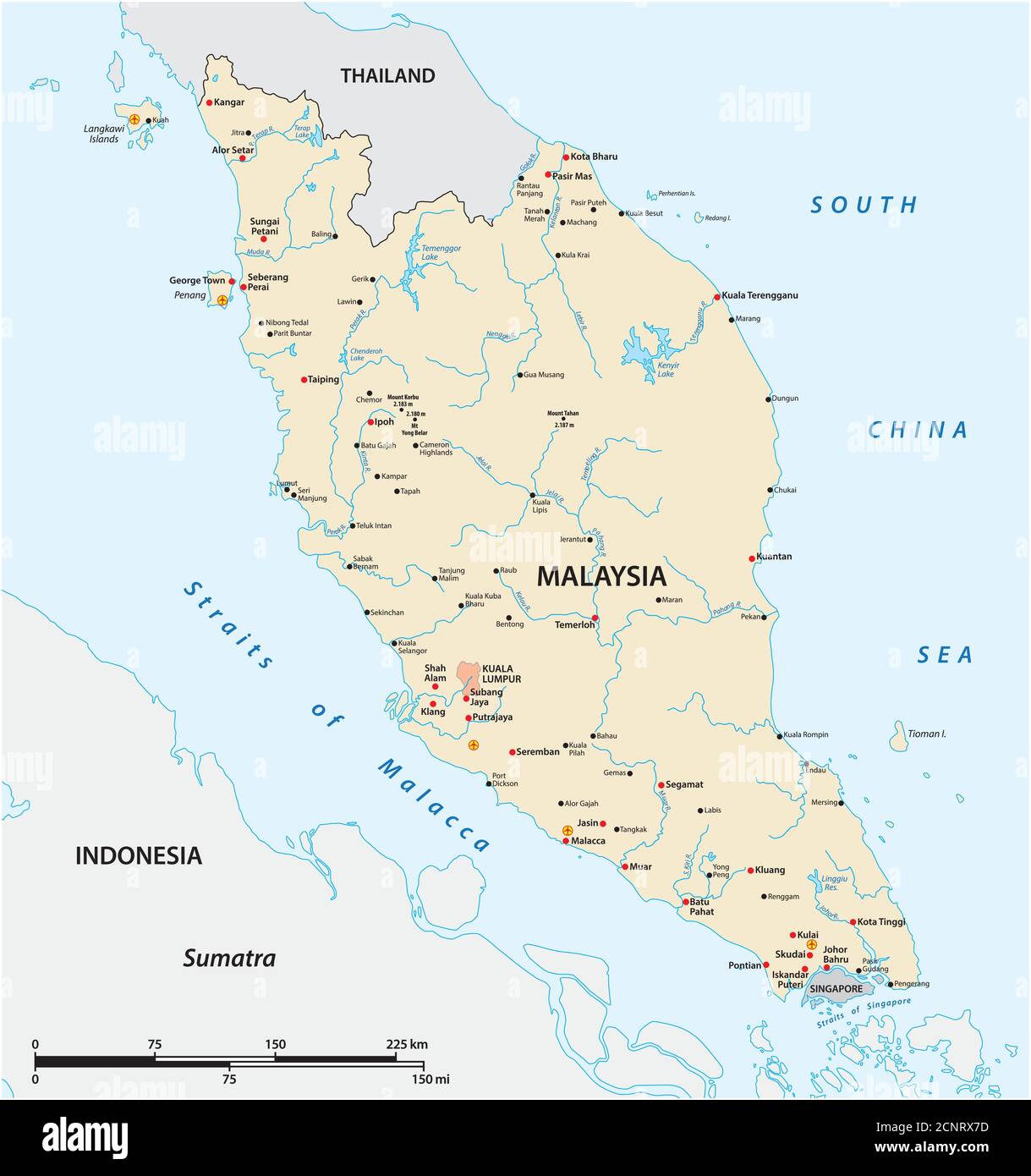 Vektorkarte der malaiischen Halbinsel mit den wichtigsten Städten, Malaysia Stock Vektor