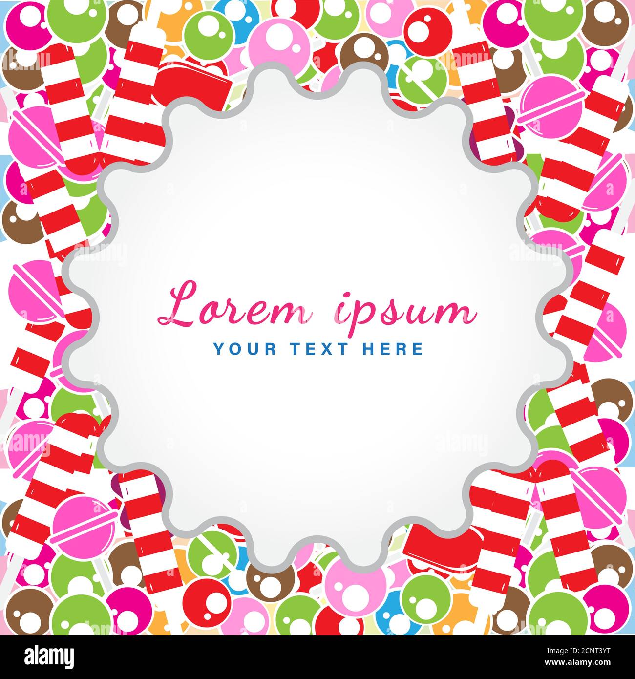 Vektor-Illustration von bunten süßen Süßigkeiten runden Etikett. Geeignet für Social Media Post, Banner, Grußkarten oder Printmedien Werbung Stock Vektor
