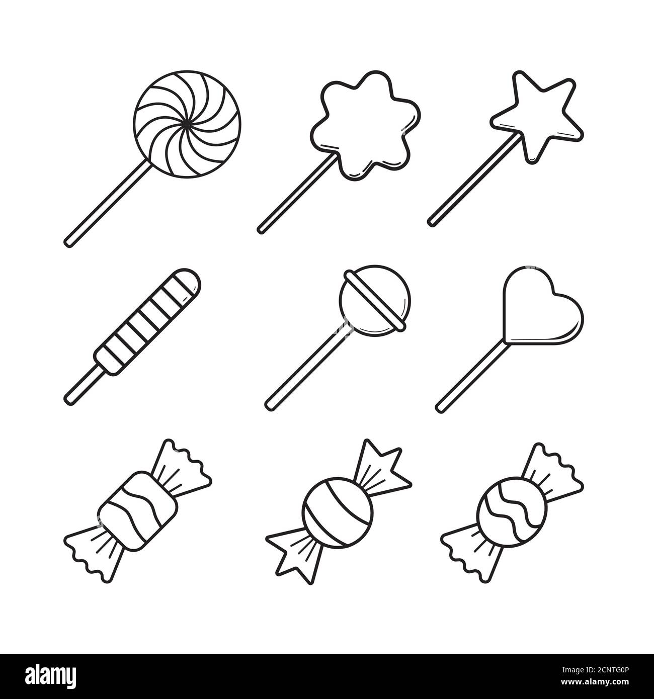 Süßigkeiten Süßigkeiten Vektor-Symbol in dünne Linie Stil gesetzt. Design-Illustration isoliert auf weißem Hintergrund Stock Vektor