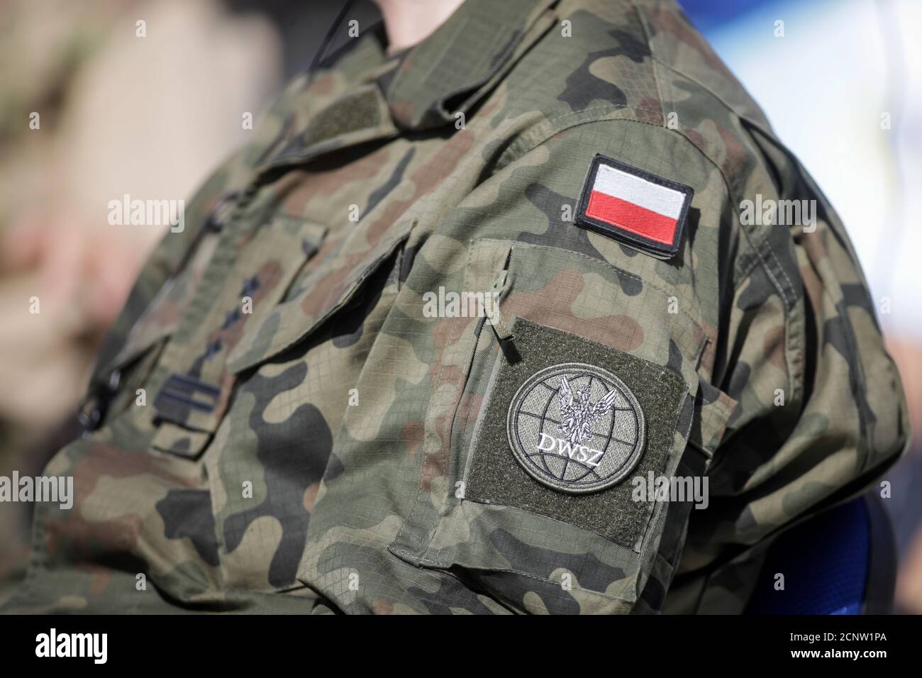 Capu Midia, Rumänien - 17. September 2020: Logo der Polnischen Abteilung für militärische Auswärtige Angelegenheiten auf der Uniform eines Offiziers. Stockfoto