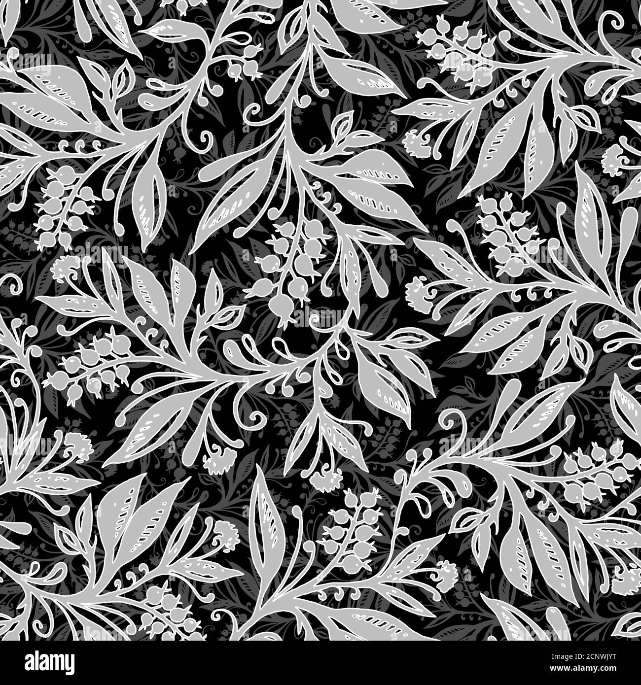 Florales Nahtloses Muster mit Blättern und Beeren in schwarz, weiß und grau. Handzeichnung. Hintergrund für Titel, Blog, Dekoration. Design für Tapeten, Textilien, Stoffe. Stock Vektor