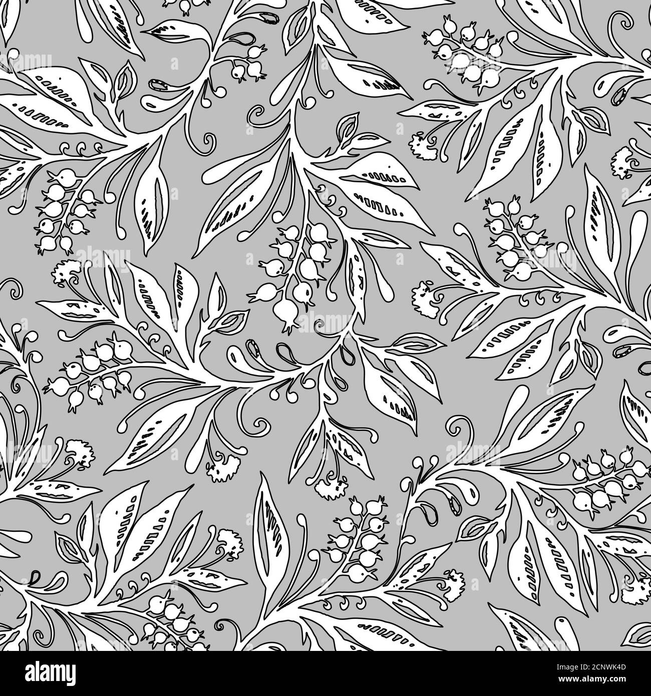 Florales Nahtloses Muster mit Blättern und Beeren in Graustufen. Handzeichnung. Hintergrund für Titel, Blog, Dekoration. Design für Tapeten, Textilien, Stoffe. Stock Vektor