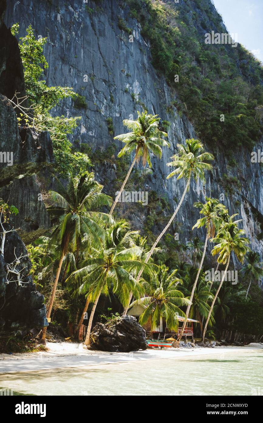 El Nido, Palawan, Philippinen. Abgelegene tropische Hütte unter Palmen auf Pinagbuyutan Island. Stockfoto