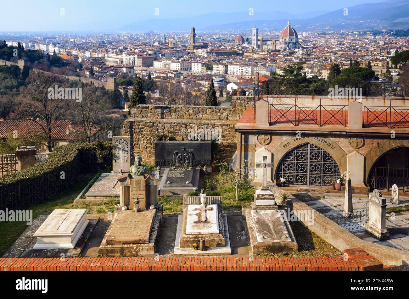 Florenz, Italien - 11. Februar 2018: Der Friedhof San Miniato al Monte in Florenz, Italien, mit dem Grab des berühmten italienischen Filmregisseurs Franco Z Stockfoto