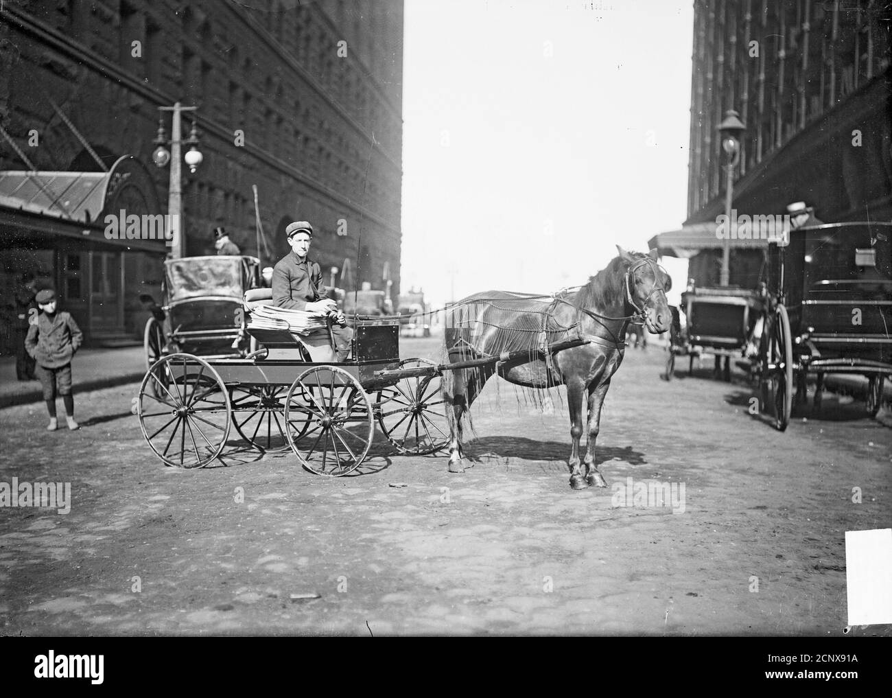 Newsboy in einem Pferdewagen, Chicago, Illinois Stockfoto