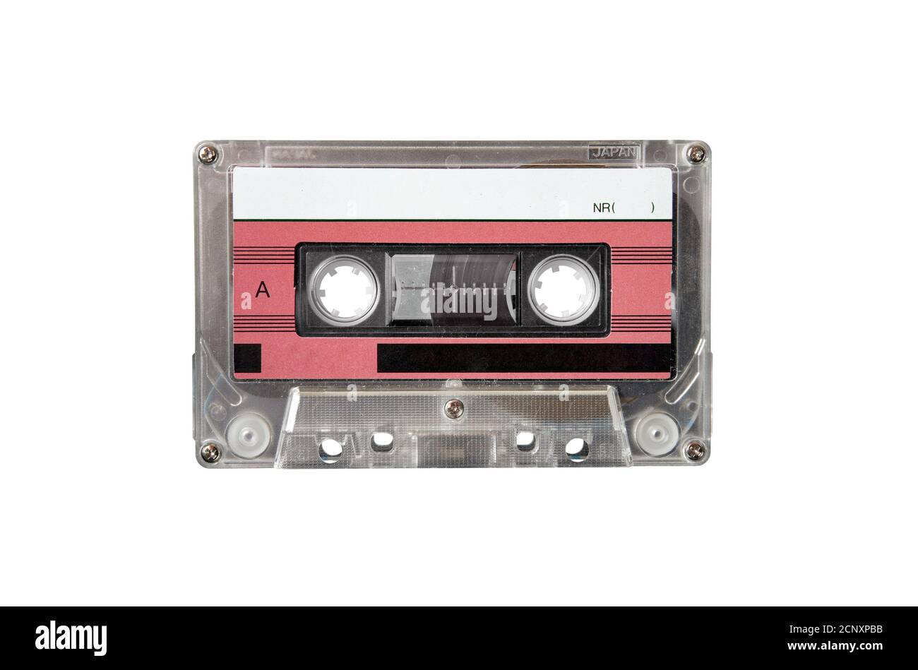 Nahaufnahme von Retro-Musik-Audiokassette isoliert auf Weißer Hintergrund Stockfoto