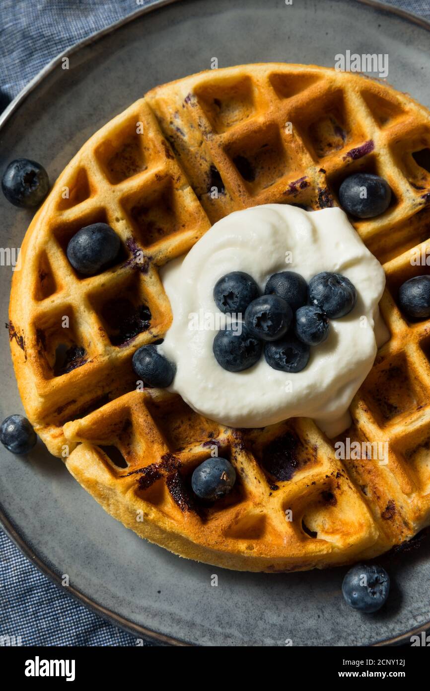 Hausgemachte warme belgische Heidelbeer-Waffeln mit Schlagsahne Stockfoto