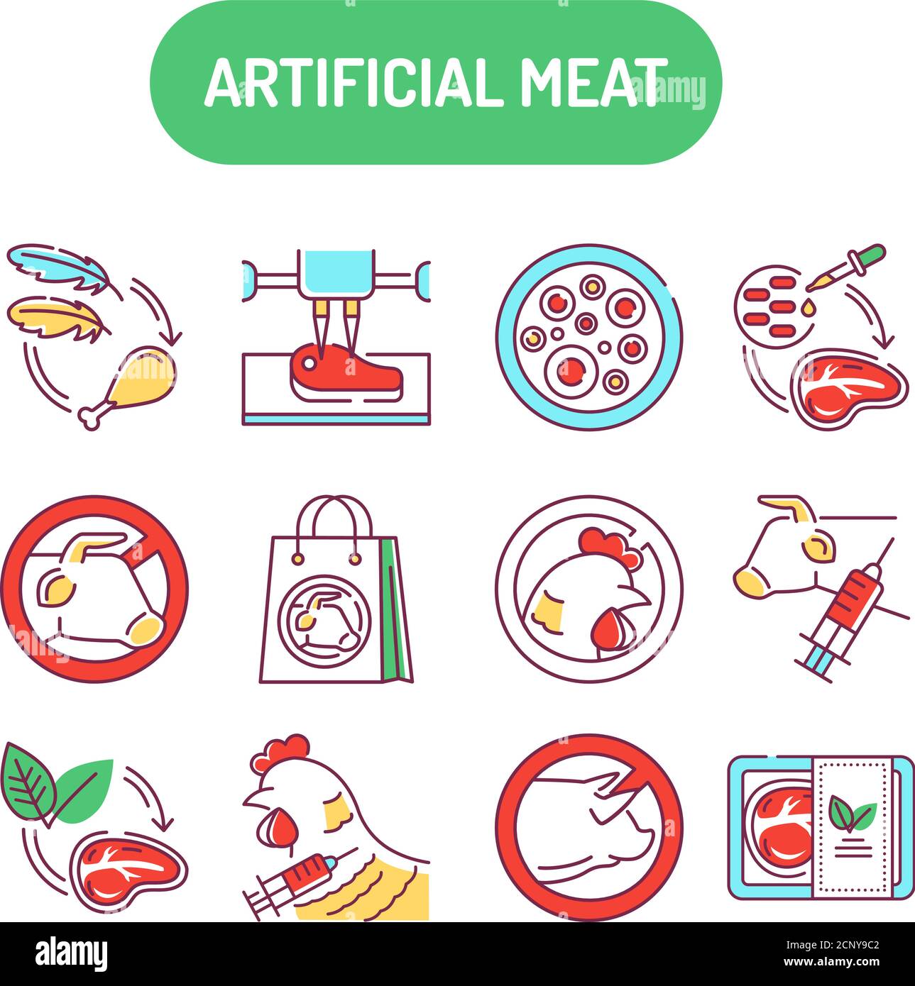 Symbole für künstliche Fleischfarben eingestellt. Kultiviertes Fleisch. Fleisch, das in Zellkultur statt in Tieren angebaut wird. Piktogramm für Webseite, mobile App, Promo. Stock Vektor
