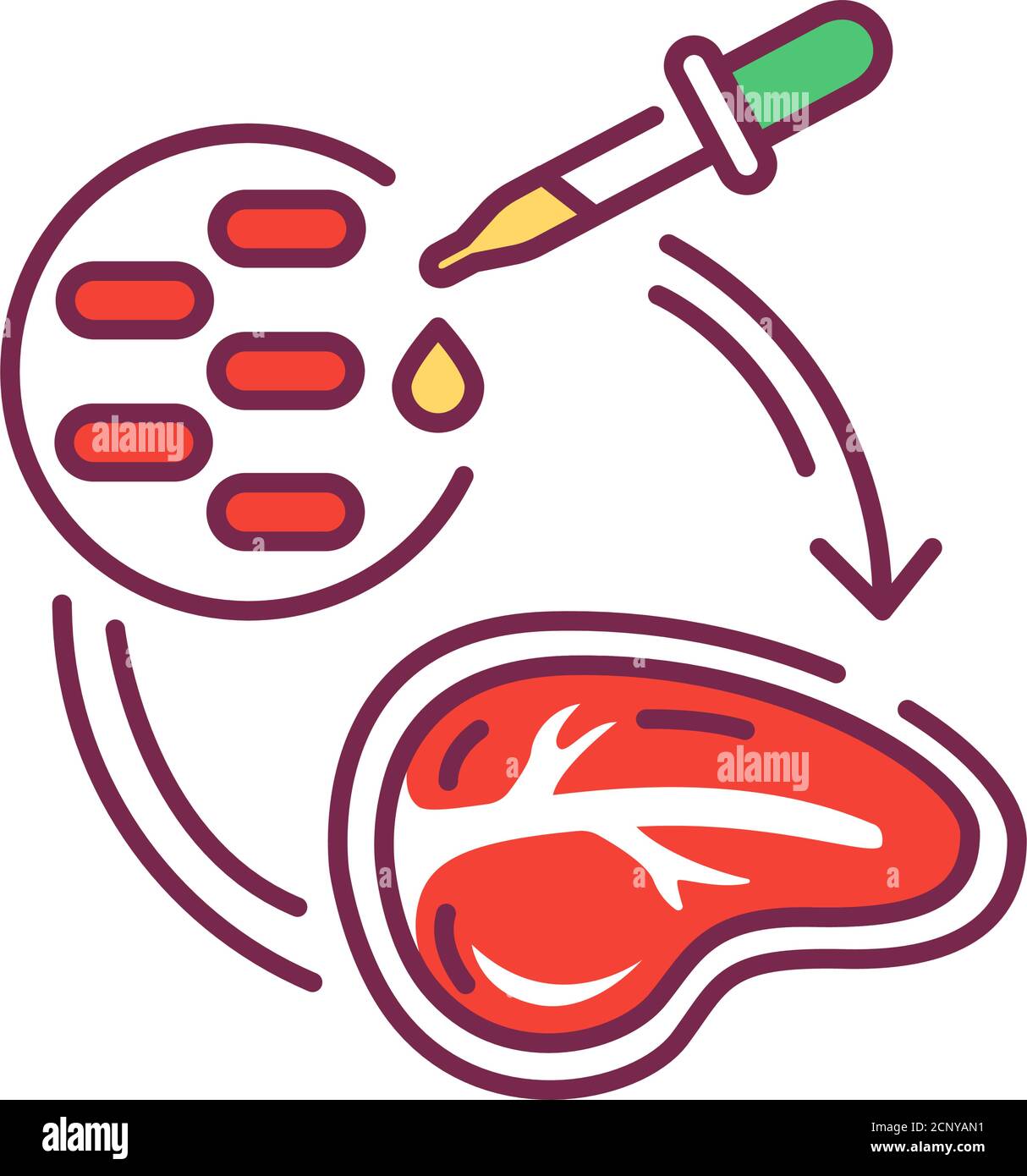 Symbol für Stammzellenfleisch-Farblinie. Fleisch, das durch in vitro Zellkultur tierischer Zellen anstelle von geschlachteten Tieren hergestellt wird. Piktogramm für Webseite Stock Vektor