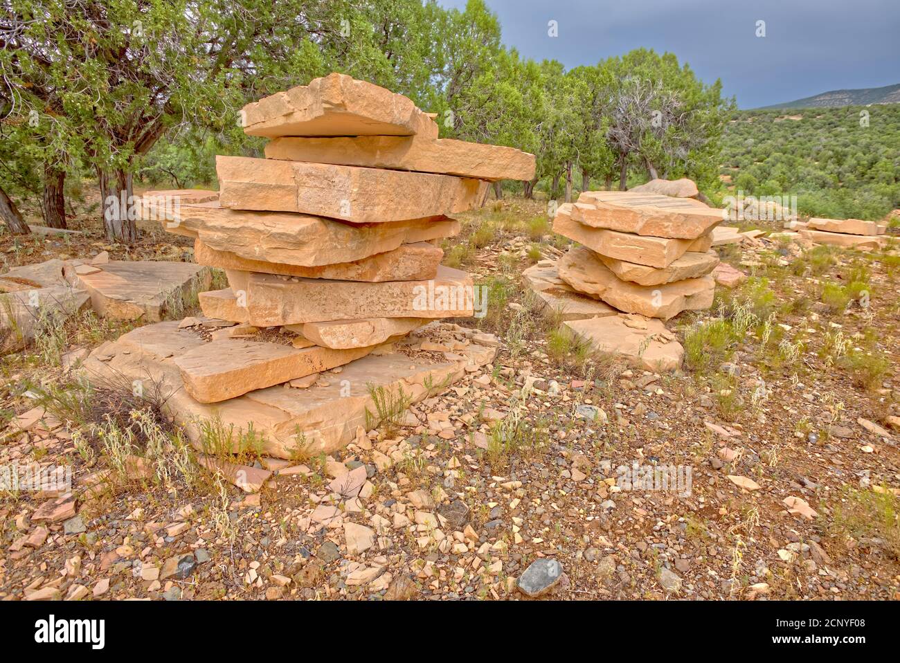 Stapel von Steinplatten im verlassenen mexikanischen Steinbruch in der Nähe von Perkinsville Arizona. Der Steinbruch befindet sich auf öffentlich zugänglichen Bundeslandflächen im Prescott National Stockfoto