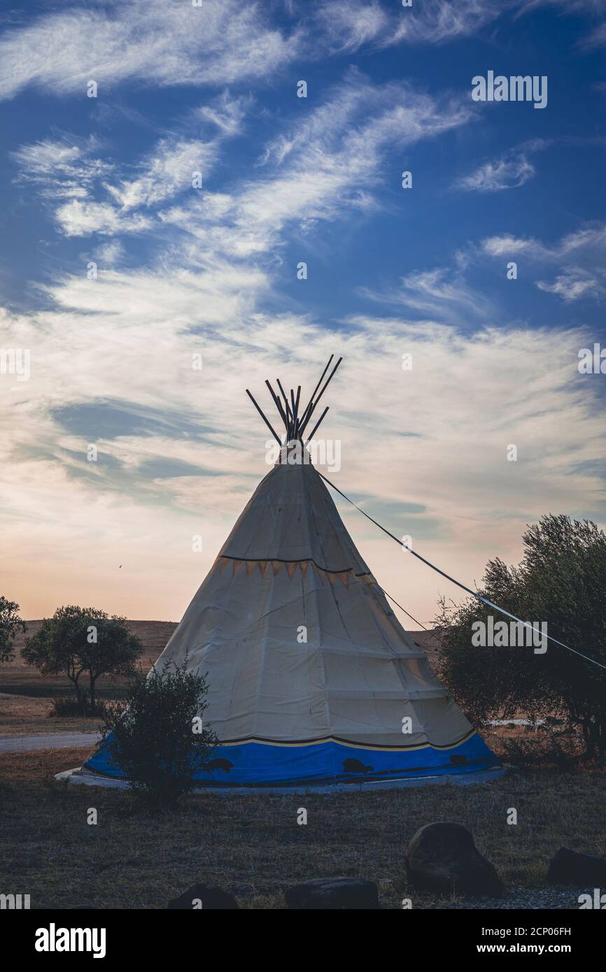 Die vertikale Aufnahme des modernen Tipi im Feld Stockfoto