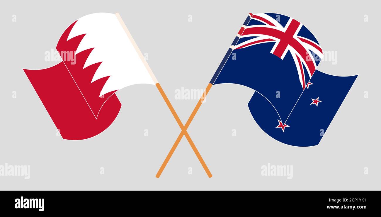 Gekreuzte und winkende Flaggen von Bahrain und Neuseeland. Vektorgrafik Stock Vektor