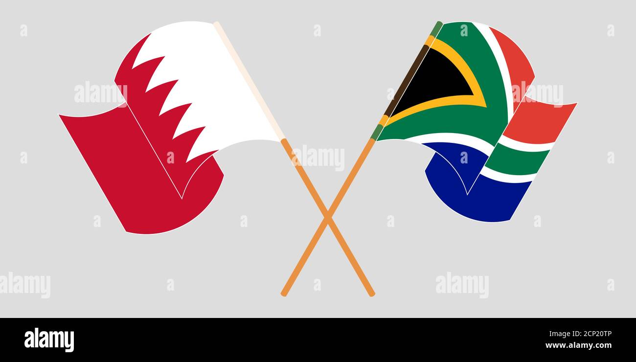 Gekreuzte und winkende Flaggen von Bahrain und Südafrika. Vektorgrafik Stock Vektor