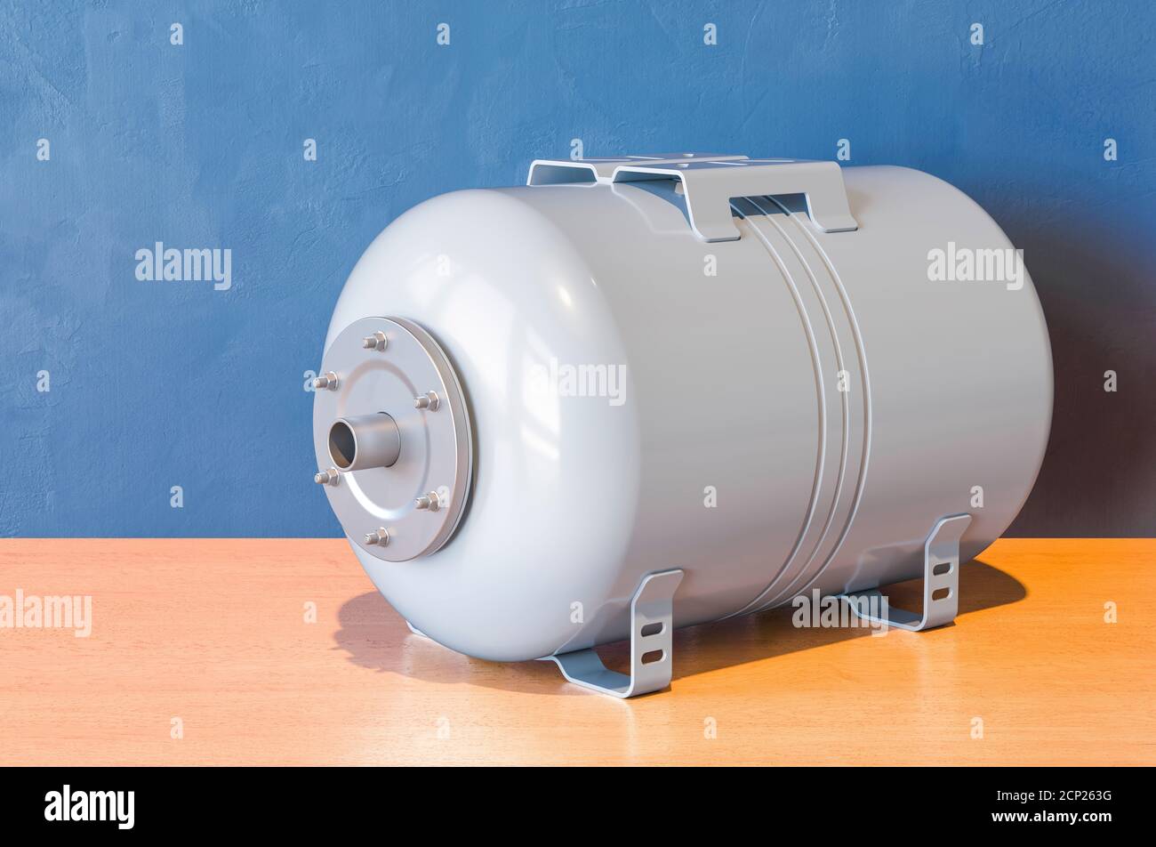 Druckbehälter Erweiterung für Hauswasserwerk Pumpe auf dem Holztisch. 3D-Rendering Stockfoto