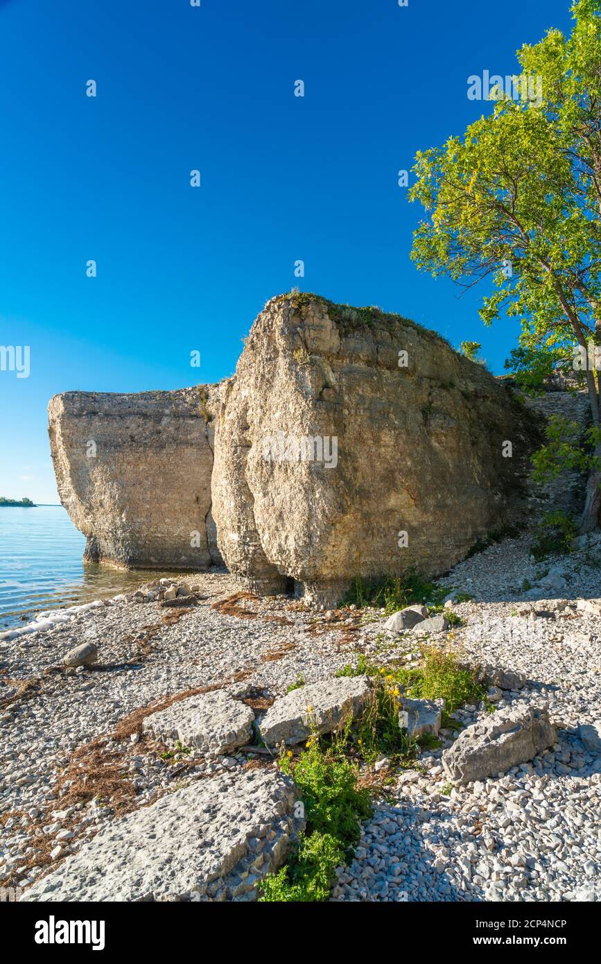 Kalksteinfelsen am Lake Manitoba bei Steep Rock, Manitoba, Kanada. Stockfoto
