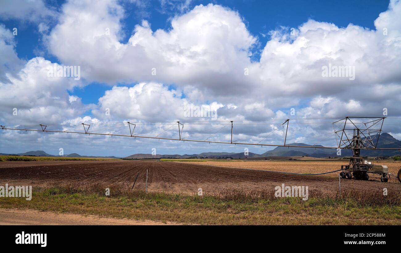 Großes Bewässerungssystem der Zuckerrohrfarm über eine Paddock Stockfoto