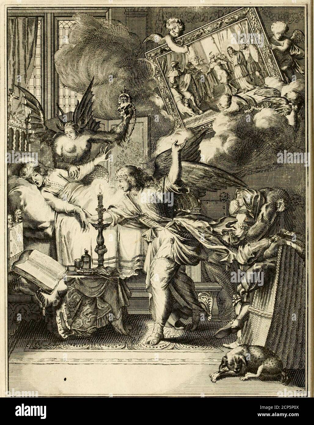 . La maniere de se bien preparer a la mort par des Considerations sur la cene, la Passion, & la mort de Jesus-Christ : avec de trés-belles estampes emblematiques . r-. Préparer à la Mort: -^ Nu./am caufam invcnio in homme ijio ex his in tjuibta eum accufatts: Jèd ne&lt;jae Herodes. Pour laLuc. XXIil. 14. feige. lu je nay pas trouvé cet homme coupable daucun des crimes, dont vous laccufez,ni Herode non plus. A Prés la tentation contre la foy, SE contre PEfferance,on fe doit attendre à une troi-iîéme contre la Chanté. Le démon pour faire perdre ai malade, tous les fruitsde cette vertu,le fert des Stockfoto