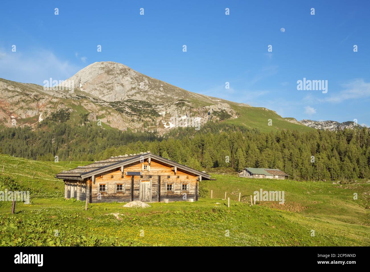 Kaser die Gotzenalm vor dem Kahlersberg (2350 m) im Hagengebirge, Schönau am Königssee, Oberbayern, Bayern, Süddeutschland, Stockfoto