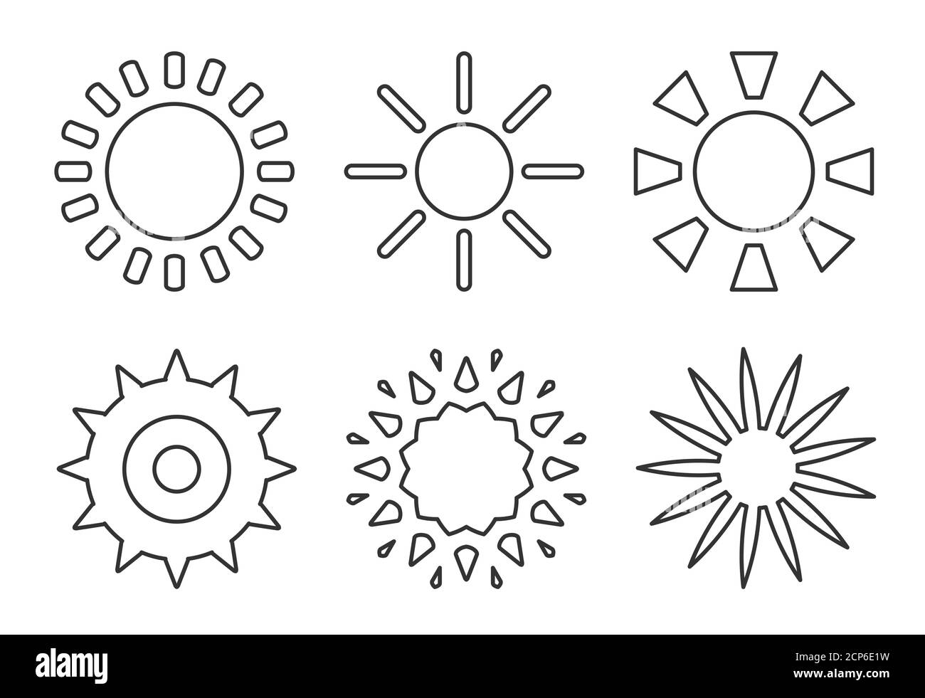 Symbole für die Kontursonne eingestellt. Leere einfache verschiedene Formen Solar. Design Logo Element Sonnenlicht Morgen, Wetter, Frühling. Rundes Piktogramm sonnige Energie für Web oder App. Isoliert auf weißer Vektorgrafik Stock Vektor