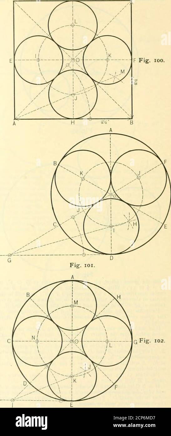 . Die Eisenbahn- und Ingenieurzeitschrift . inlerseclions o( diese Linien miteinander, werden die Zentren von drei weiteren Kreisen, die, wenn sie mit dem Radiusd E gezeichnet, tangential zu ihren angrenzenden Kreisen und Seiten der thetriangles sein wird. PRrniLEM 56 (Abb. gg). Um in einem bestimmten Quadrat zu zeichnen, EIN B C D,die drei größten gleichen Kreise, die es enthalten wird, und die zu den angrenzenden Kreisen und Seiten des Quadrats liegen. Wenn ./ BCD das angegebene Quadrat ist, zeichnen Sie die Diagonalen A Cund B D und die Durchmesser !■. /und G II. Zeichnen Sie die Diagonalen E //, II F, F G und G F. durch die kleinen Quadrate, in die das größere h Stockfoto
