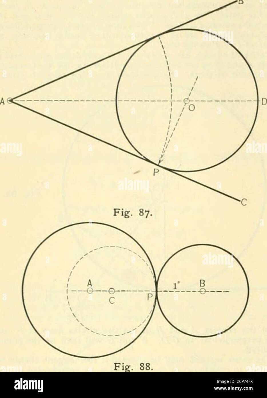 . Die Eisenbahn- und Ingenieurzeitschrift . e tangent zu ^4 C B a.t C und auch durchgehen D. Problem 42 (die Abb. L 86, S. Um einen Kreis eines gegebenen Strahlungswinkels zu tzuo gegebenen schrägen Linien zu zeichnen, A B und C D. { A B und CD sind die beiden schrägen Linien, und der Radius des Kreises = i ^, dann durch Problem 3 Linien E /und G Hparallel zu   i zeichnen? Und C D, und in einem Abstand, B H 2inA ED,von ihnen =; der Radius des Kreises. Der Punkt der abschr-tung, O, dieser Linien wird das Zentrum des Kreises sein, von dem aus er mit dem angegebenen Radius gezeichnet werden kann. Problem 43 (Abb. L 87, S. Um einen Kreis zu zeichnen, der twostra berühren soll Stockfoto