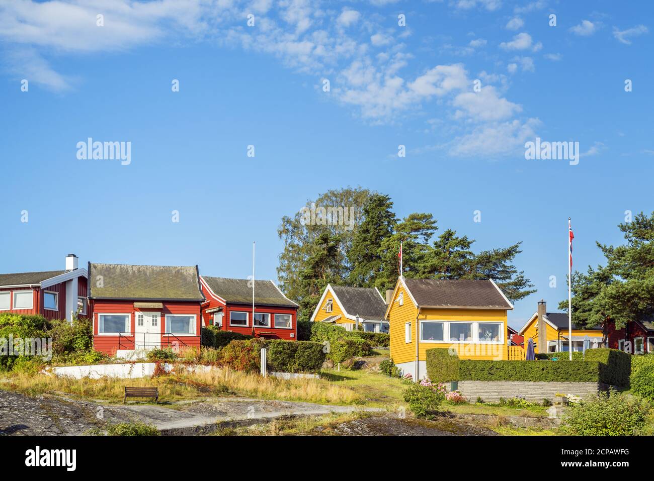Bunte Holzhäuser auf der Insel Nakkholmen im Oslojord vor Oslo, Norwegen, Skandinavien, Nordeuropa, Europa Stockfoto