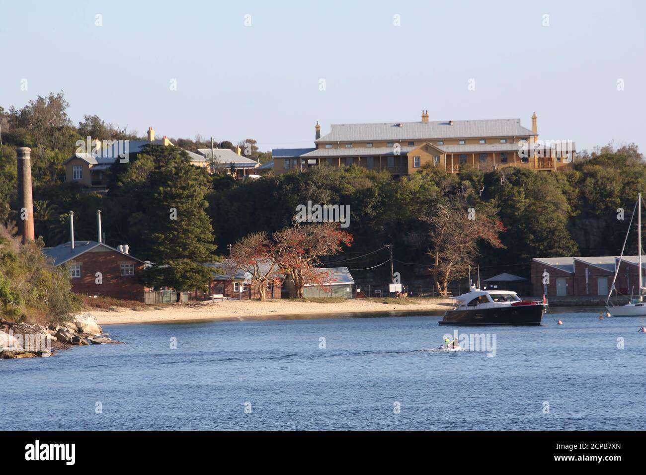 Quarantine Beach und The Wharf Precinct an der Quarantine Station (Q Station) in North Head, Manly, Sydney, NSW, Australien. Stockfoto