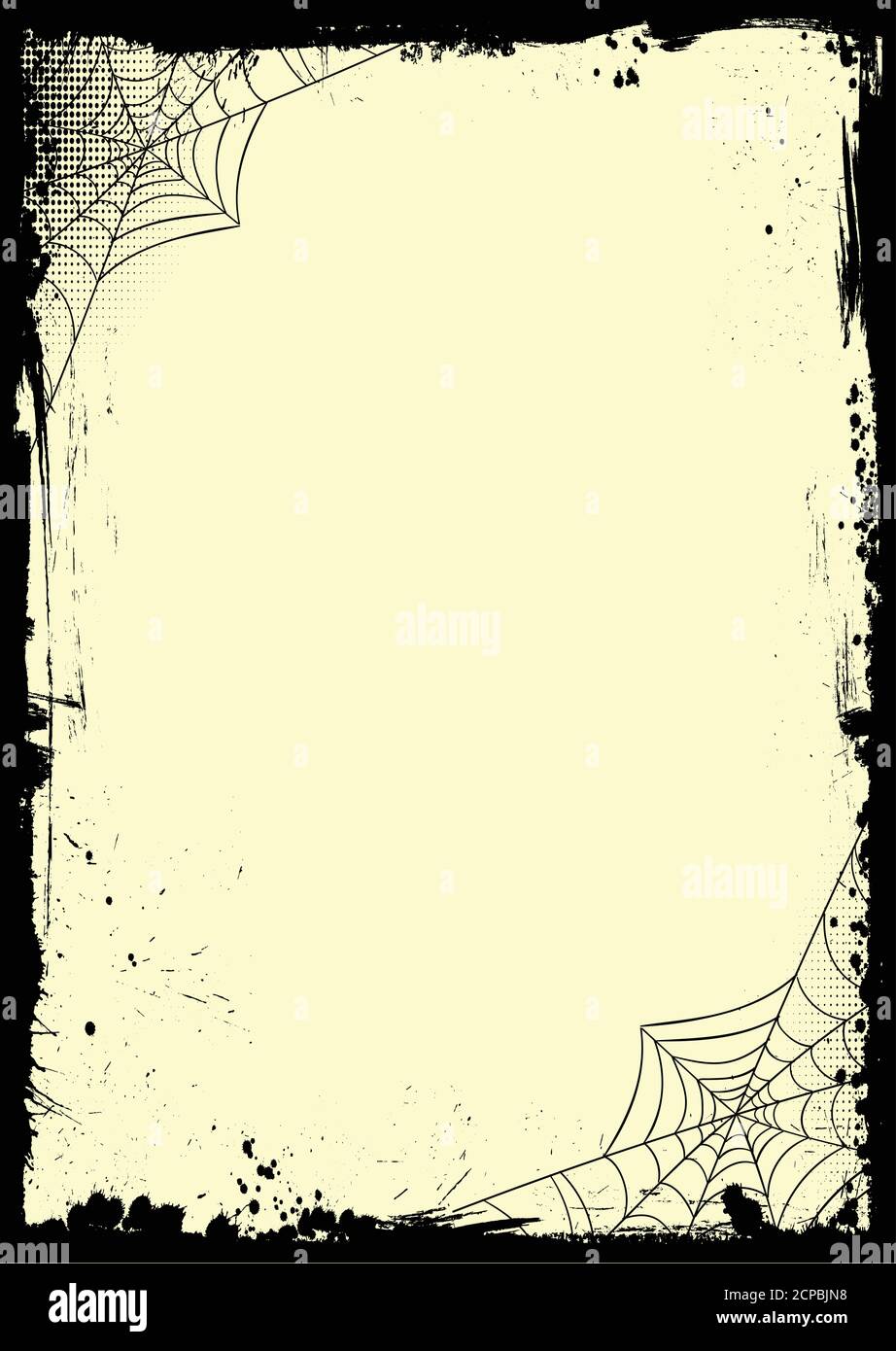 Der Vector vertikale Halloween Banner blank gelb Schablone Hintergrund mit Grunge schwarzen Rand und Spinnennetz Stock Vektor