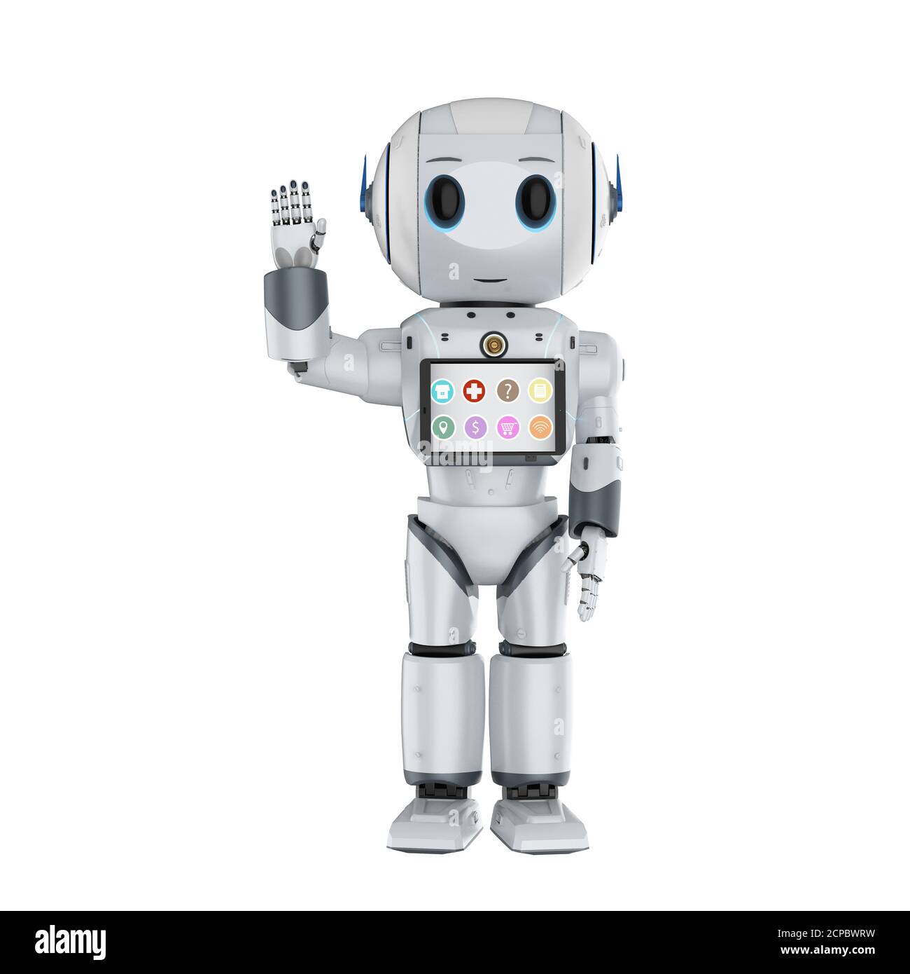 Roboter-Assistent mit 3d-Rendering niedlichen Roboter mit digitalem Tablet Stockfoto