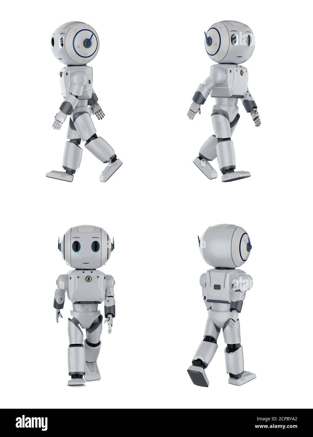 3d-Rendering Set von niedlichen Roboter mit künstlicher Intelligenz zu Fuß in Vier Winkel Stockfoto