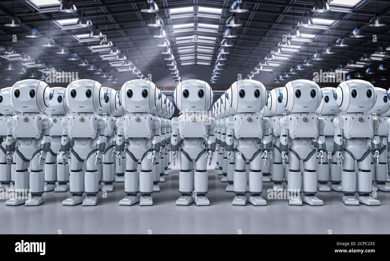 3d-Rendering-Gruppe von niedlichen künstlichen Intelligenz Roboter oder Roboter Armee mit Zeichentrickfigur Stockfoto