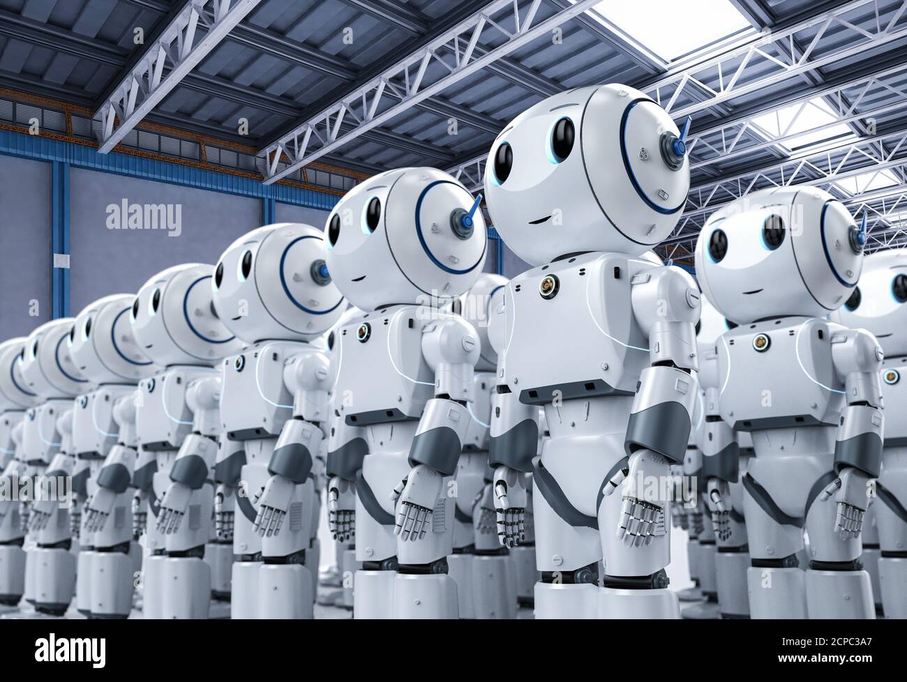 3d-Rendering-Gruppe von niedlichen künstlichen Intelligenz Roboter oder Roboter Armee mit Zeichentrickfigur Stockfoto