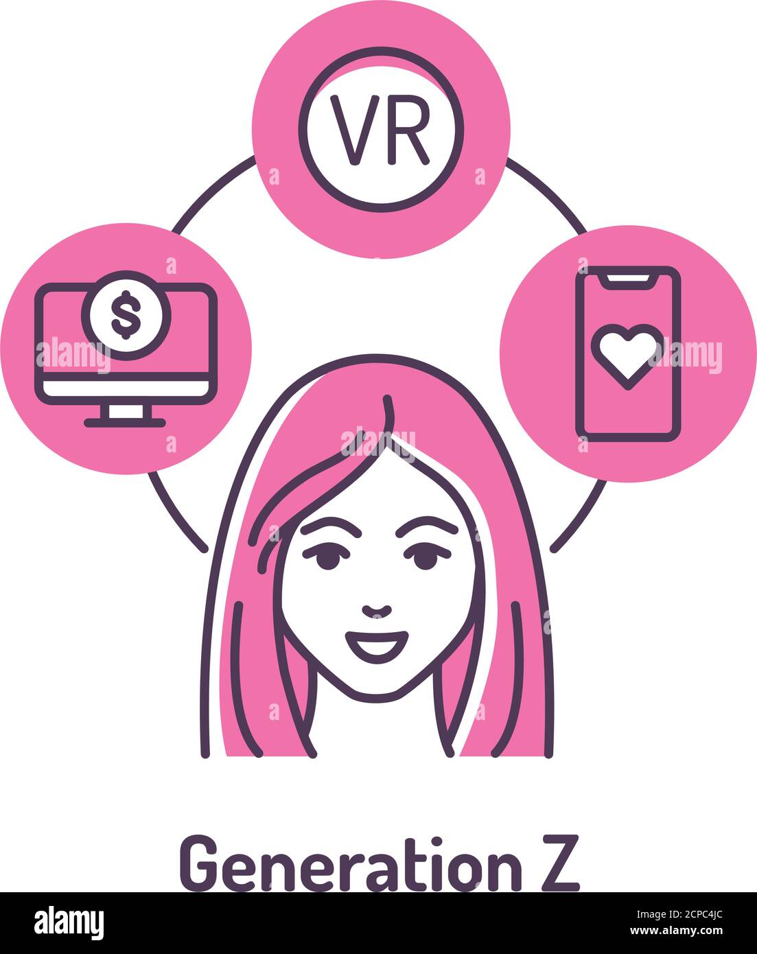 Genaration Z-Farbliniensymbol auf rosa Hintergrund. Lebensstil: Remote work, Startup, Online-Dating, Virtual Reality. Stock Vektor