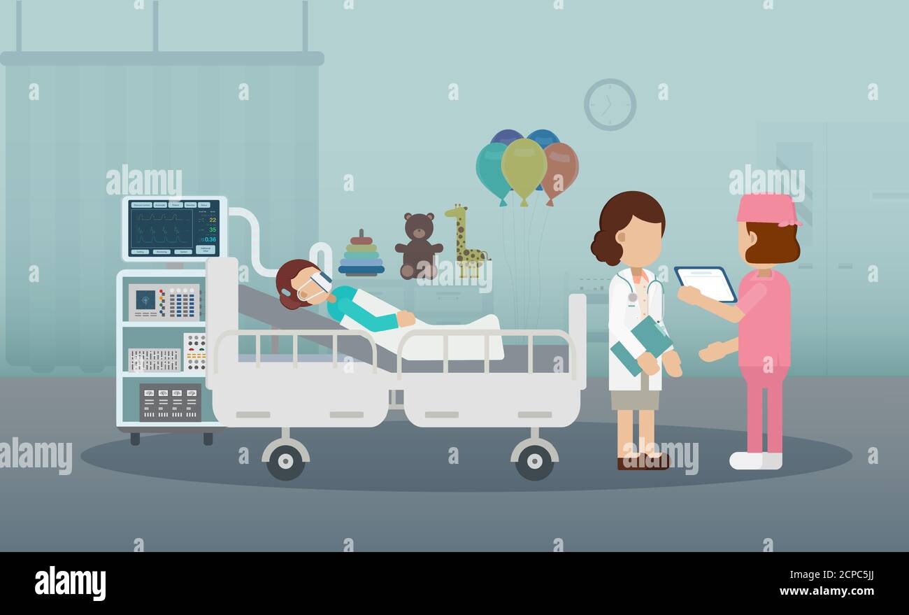 Pädiatrie-Station mit Vektor-Illustration für Arzt und Patient im flachen Design Stock Vektor