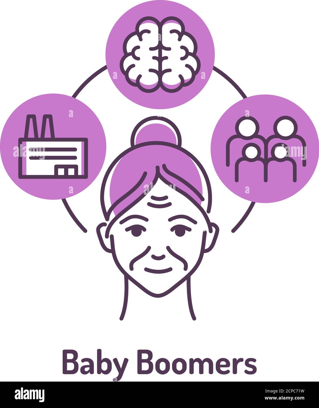 Generation Baby Boomer Farbe Linie Symbol auf violettem Hintergrund. Lifestyle: Fabrikarbeit, große Familie Stock Vektor