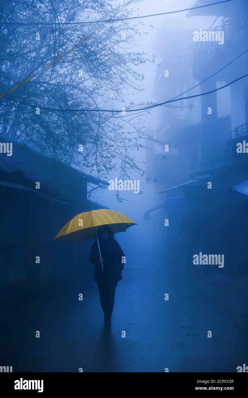 Motion Blur, eine nicht identifizierte weibliche Spaziergänge mit Regenschirm in der dunkelblauen neblig. Einsame Frau in schwarzer Jacke geht mit gelben Regenschirm auf der Gasse. Stockfoto