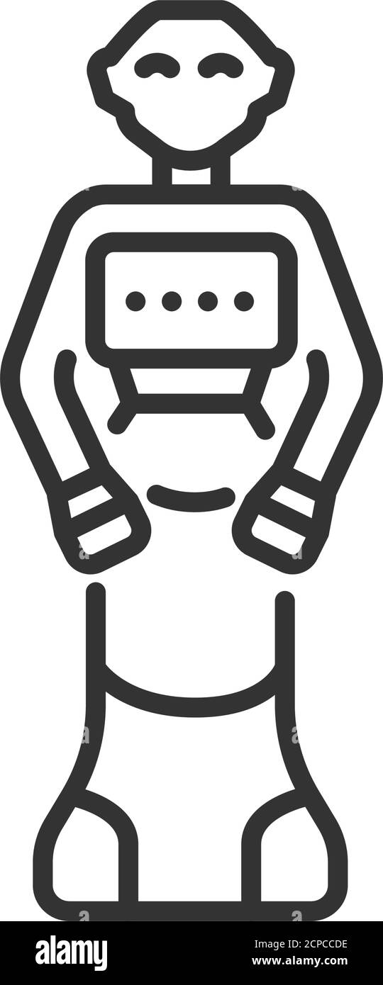 Social Roboter schwarze Linie Symbol. Kommunikation mit Menschen an öffentlichen Orten. Innovation in der Technologie. Für Webseite, App anmelden. UI UX GUI Design Element Stock Vektor