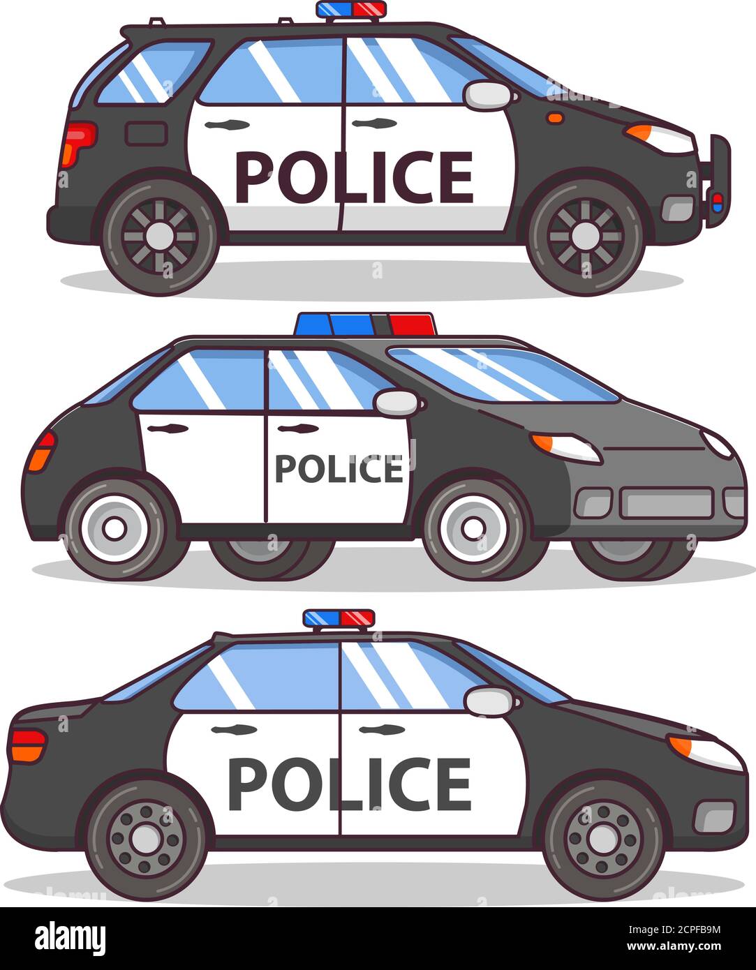 Polizei Auto Seitenansicht isoliert auf weiß. Stock Vektor