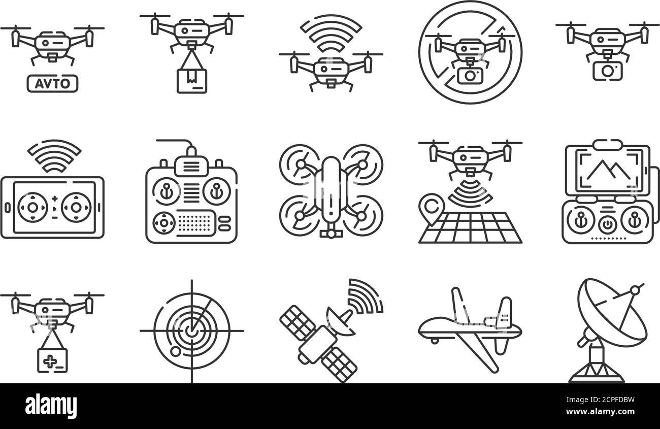 Drohne automatische unbemannte Steuerung schwarze Linie Symbole gesetzt. Flugzeuggeräte Konzept. Lieferservice. Fernbedienung, militärische Drohne, Satellit, Radar Stock Vektor