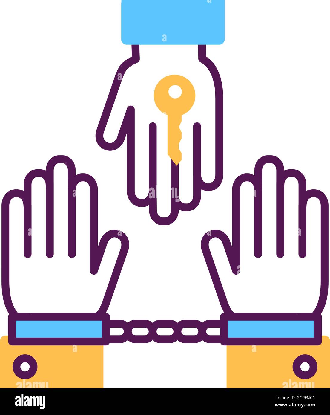 Strafgericht Linie Farbe Symbol. Gerichtsurteil unschuldig. Verurteilter Mann in Handschellen Konzept. Recht Gerechtigkeit. Stock Vektor