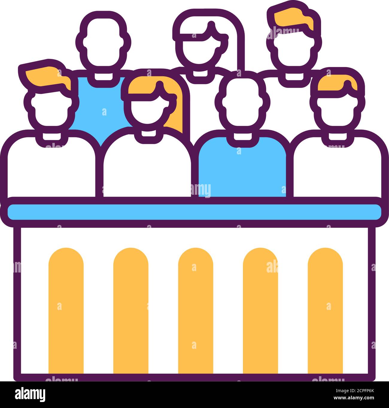 Jury Trial Linie Farbe Symbol. Gerichtsgebäude Konzept. Entscheidung über eine strittige Frage in einem Zivil- oder Strafverfahren oder einer Inquest. Stock Vektor