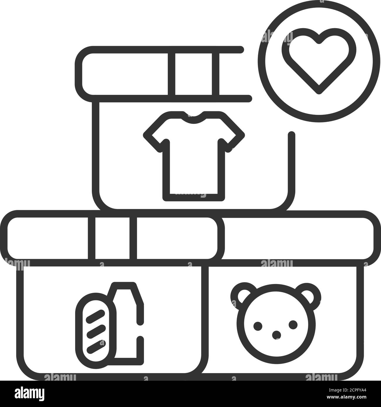 Spenden-Boxen für Spielzeug, Lebensmittel, Kleidung schwarze Linie Symbol. Wohltätigkeitskonzept für Kinder. Helft dem armen Kind. Melden Sie sich für Webseite, mobile App, Banner an Stock Vektor