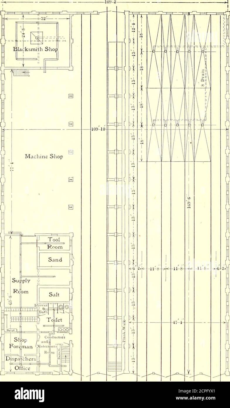 . Die Straßenbahn Zeitschrift . QUERSCHNITT VON WERKSTATT UND AUTOHAUS tion und Reparaturwagen. Ein Ruggles Double-Action, High-Speed-Schneepflug, gebaut von der Peckham Manufacturing Company, stellt die Ausrüstung zusammen. AUTOHAUS UND SHOPSDas Gebäude als Autohaus und Geschäfte besetzt ist 169 ft.6 in. X 109 ft. 10 Zoll x 27 Fuß 4 Zoll extreme Höhe, und ist ft. 6 Zoll Die erste enthält vier Spuren, und hat eine Kapazität für die Lagerung von zwölf großen Autos 50 Fuß bis 55 Fuß lang. Letzterer ist Reparaturwerkstätten und allgemeinen Versorgungsräumen und Büroräumen gewidmet.Es gibt zwei Gleise, die durch diesen Teil des Gebäudes führen Stockfoto