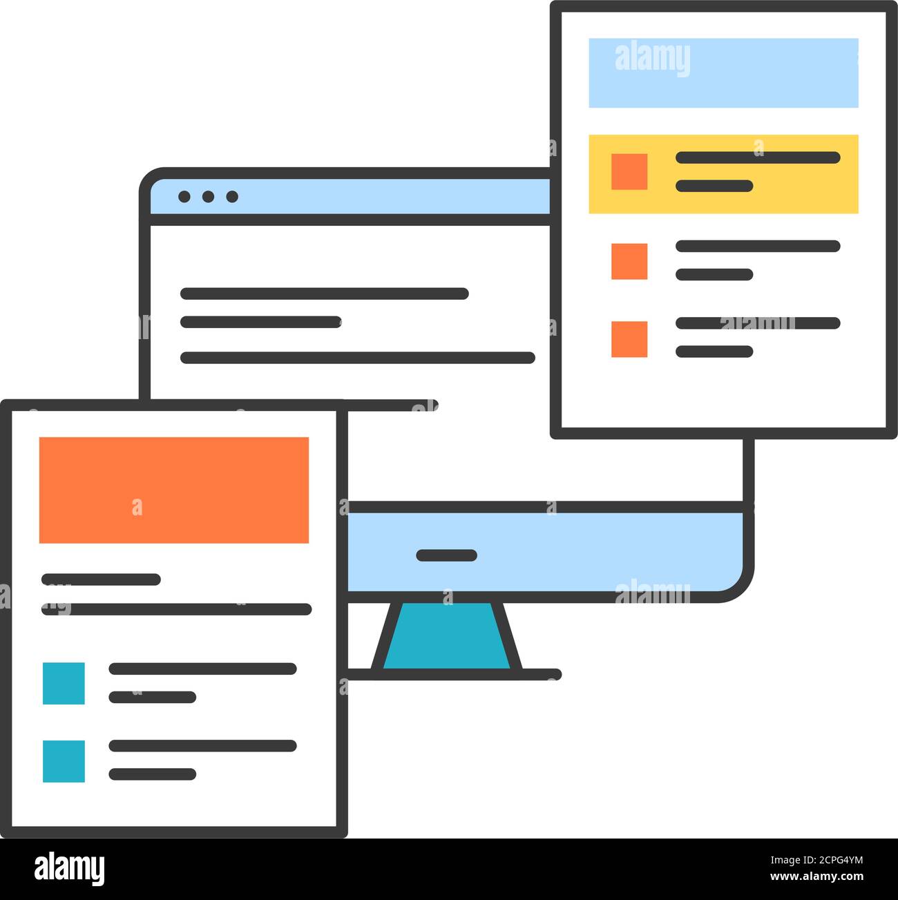 Frontend-Entwicklung Farbliniensymbol. Praxis der Umwandlung von Daten in eine grafische Oberfläche, durch die Verwendung von HTML, CSS und JavaScript. UI-UX-GUI Stock Vektor