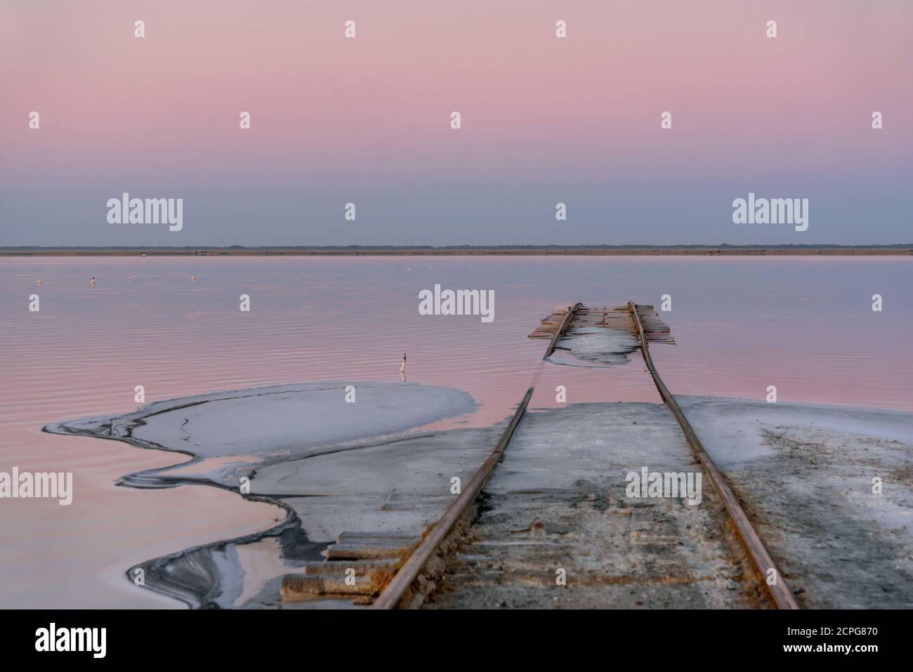 Zartrosa Sonnenaufgang über einem Salzsee, Schienen ins Wasser und Salz am Ufer im Vordergrund. Lake Bursol, Altai, Russland. Stockfoto